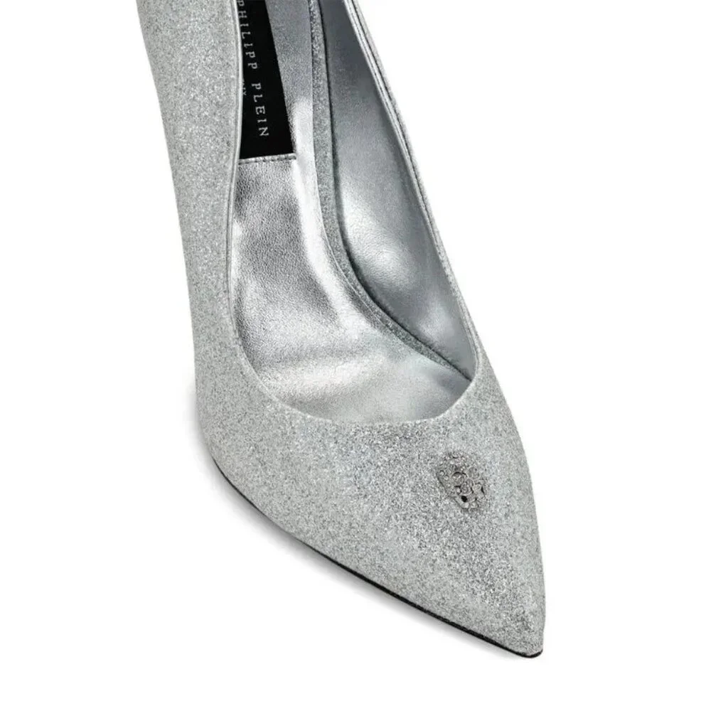 NIB $880 Philipp Plein 120mm Glitter Decollete Pumps Silver Size 9